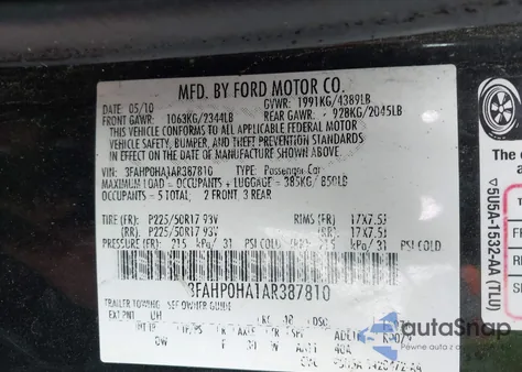 2010 Ford Fusion Se z USA, uszkodzony, nr VIN 3FAHP0HA1AR387810